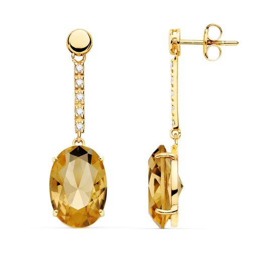 [P21134-CH] 18K PENDIENTES ORO AMARILLO PIEDRA OVAL COLOR CHAMPAGNE. 35X10 MM