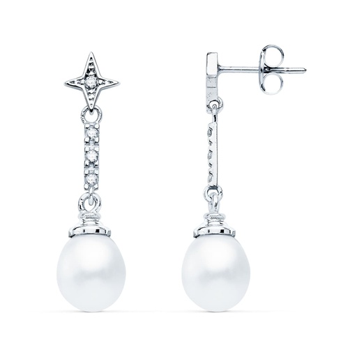 [P21135] 18K PENDIENTES ORO BLANCO PERLA Y CIRCONITAS 28X8 MM