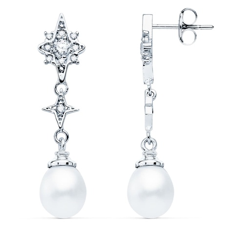 [P21136] 18K PENDIENTES LARGOS ORO BLANCO PERLA Y CIRCONITAS 35X8 MM