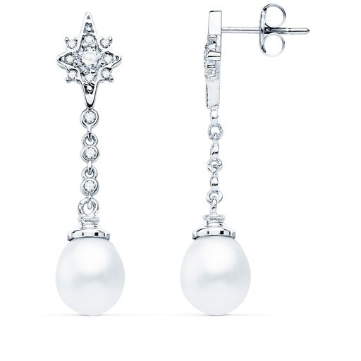 [P21137] 18K PENDIENTES LARGOS ORO BLANCO PERLA Y CIRCONITAS 37X7 MM