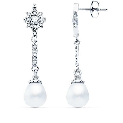[P21139] 18K PENDIENTES LARGOS ORO BLANCO PERLA Y CIRCONITAS 36X8 MM