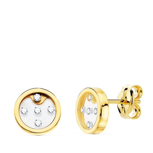 [P21146] 18K PENDIENTES ORO AMARILLO REDONDOS AIRSHINE TRANSPARENTE Y CIRCONITAS 8 MM