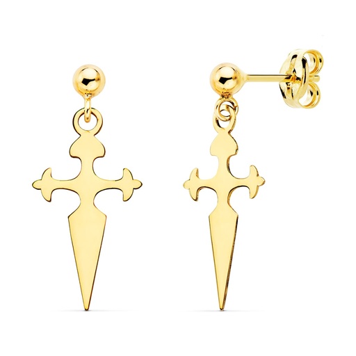 [P21147] 18K PENDIENTES ORO AMARILLO CRUZ DE SANTIAGO 17X8 MM BOLA 3 MM PRESION
