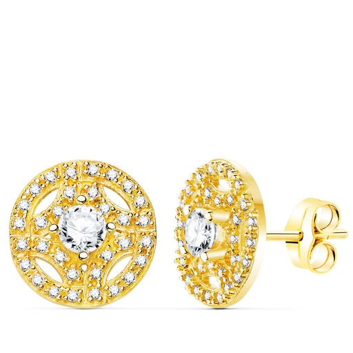 [P21150] 18K PENDIENTES ORO AMARILLO REDONDOS CON CIRCONITAS 12 MM CIERRE PRESION.