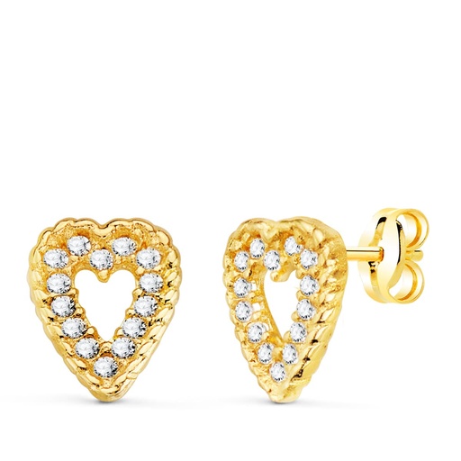 [P21224] 18K PENDIENTES ORO AMARILLO CORAZON 9X7 MM 28 CIRCONITAS PRESION