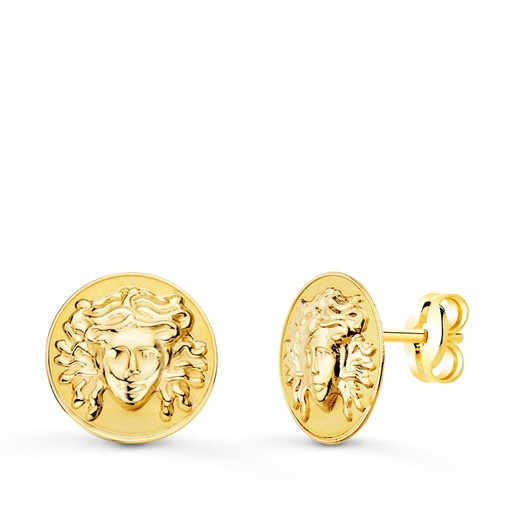 [P21225] 18K PENDIENTES ORO AMARILLO REDONDOS CON MEDUSA 12 MM BRILLO Y MATE PRESION