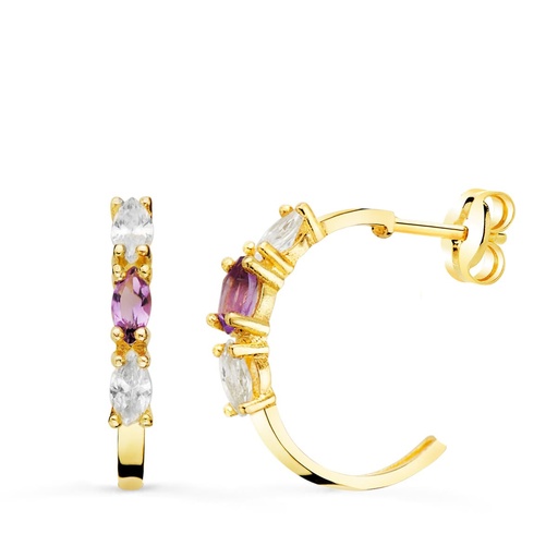 [P21231-AT] 18K PENDIENTES ORO AMARILLO MEDIO ARO AMATISTA TALLA MARQUISE. 15X2 MM PRESION