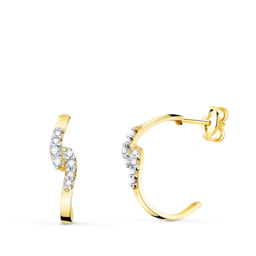 [P21234] 18K PENDIENTES ORO BICOLOR MEDIA ARO CUADRADO CON CIRCONITAS 15X3 MM PRESION