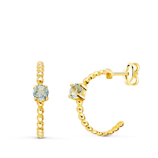 [P21235-AM] 18K PENDIENTES ORO AMARILLO MEDIO ARO BOLITAS CON AGUAMARINA 13X3MM PRESION
