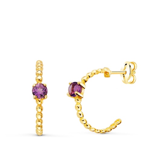 [P21235-AT] 18K PENDIENTES ORO AMARILLO MEDIO ARO BOLITAS CON AMATISTA 13X3MM PRESION