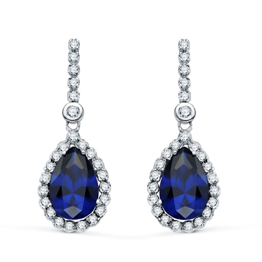 [P21236-AZ] 18K PENDIENTES ORO BLANCO DOS CUERPOS CON PIEDRA AZUL 12 X 8MM. 33X12MM