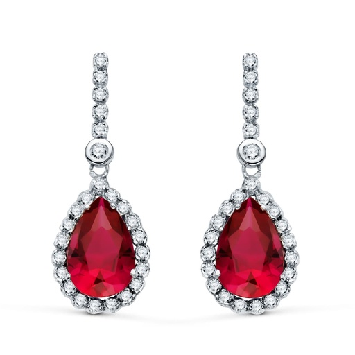[P21236-RO] 18K PENDIENTES ORO BLANCO DOS CUERPOS CON PIEDRA ROJA 12 X 8MM. 33X12MM