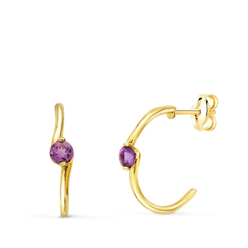[P21237-AT] 18K PENDIENTES ORO AMARILLO MEDIO ARO LISO CON AMATISTA 15X3 MM PRESION.