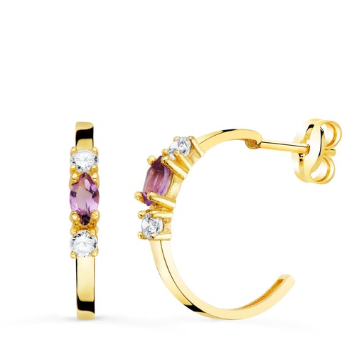 [P21240-AT] 18K PENDIENTES ORO AMARILLO MEDIO ARO AMATISTA TALLA MARQUISE. 15X2 MM PRESION