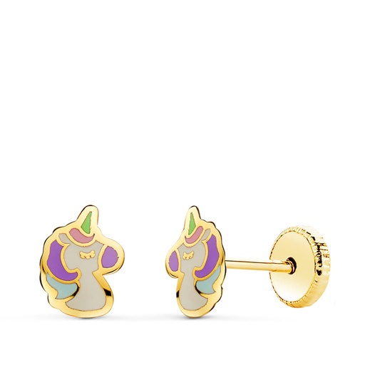 [P21275] 18K PENDIENTES ORO AMARILLO UNICORNIOS ESMALTE CIERRE TUERCA 7.5 X 5 MM
