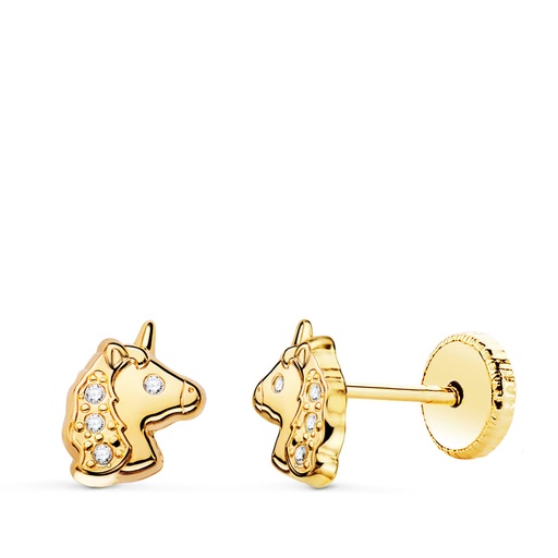 [P21276] 18K PENDIENTES ORO AMARILLO UNICORNIOS BRILLO CON CIRCONITAS TUERCA 7.5 X 6MM