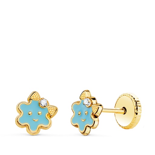 [P21277-AZ] 18K PENDIENTES ORO AMARILLO FLOR ESMALTE AZUL CIERRE TUERCA 6.5 X 6.5 MM