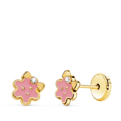 [P21277-RS] 18K PENDIENTES ORO AMARILLO FLOR ESMALTE ROSA CIERRE TUERCA 6.5 X 6.5 MM
