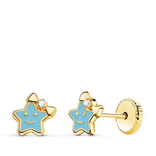 [P21278-AZ] 18K PENDIENTES ORO AMARILLO ESTRELLA ESMALTE AZUL CIERRE TUERCA 6.5 X 6.5 MM