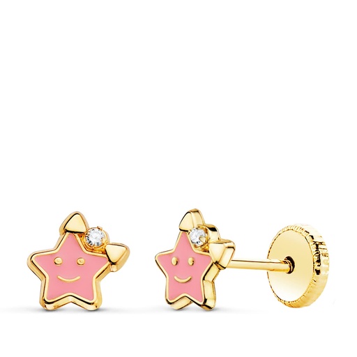 [P21278-RS] 18K PENDIENTES ORO AMARILLO ESTRELLA ESMALTE ROSA CIERRE TUERCA 6.5 X 6.5 MM