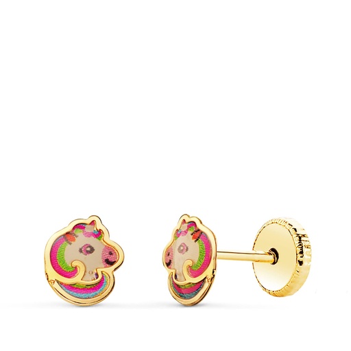 [P21279] 18K PENDIENTES ORO AMARILLO UNICORNIOS ESMALTE CIERRE TUERCA 6 X 5 MM