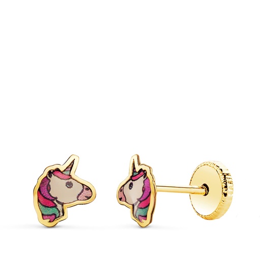 [P21280] 18K PENDIENTES ORO AMARILLO UNICORNIOS ESMALTE CIERRE TUERCA 6 X 5.5 MM