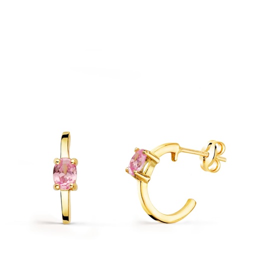 [P21285-RS] 18K PENDIENTES ORO AMARILLO MEDIO ARO LISO CON CIRCONITA ROSA 12X3 MM PRESION.