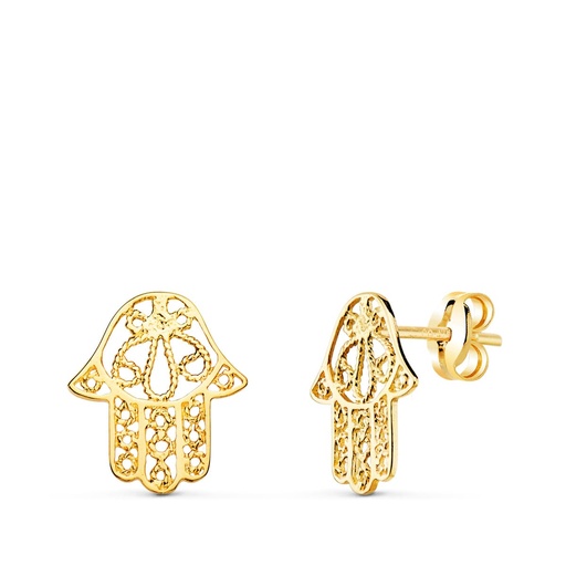[P21286] 18K PENDIENTES ORO AMARILLO MANO DE FATIMA CALADA PRESION 12 X 11 MM