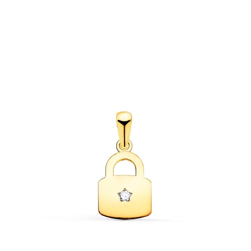 [P21287-5] 18K COLGANTE ORO AMARILLO CANDADO EN BRILLO CON CIRCONITA 14 X 9 MM