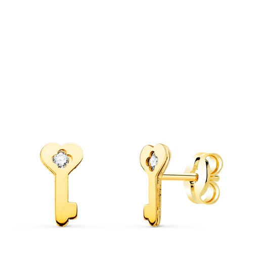 [P21288] 18K PENDIENTES ORO AMARILLO LLAVE CON CIRCONITA CIERRE PRESION 8 X 4 MM