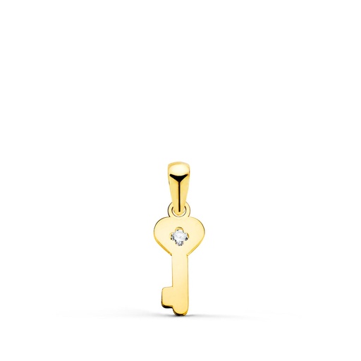 [P21288-5] 18K COLGANTE ORO AMARILLO LLAVE LISA EN BRILLO CON CIRCONITA 14 X 6 MM