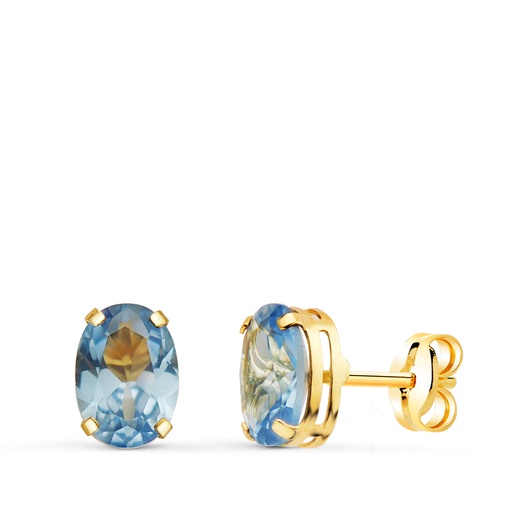[P21289-AM] 18K PENDIENTES ORO AMARILLO OVAL PIEDRA AZUL 7 X 5 MM. CIERRE PRESION