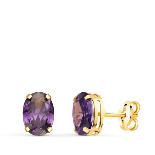 [P21289-AT] 18K PENDIENTES ORO AMARILLO OVAL PIEDRA AMATISTA 7 X 5 MM. CIERRE PRESION