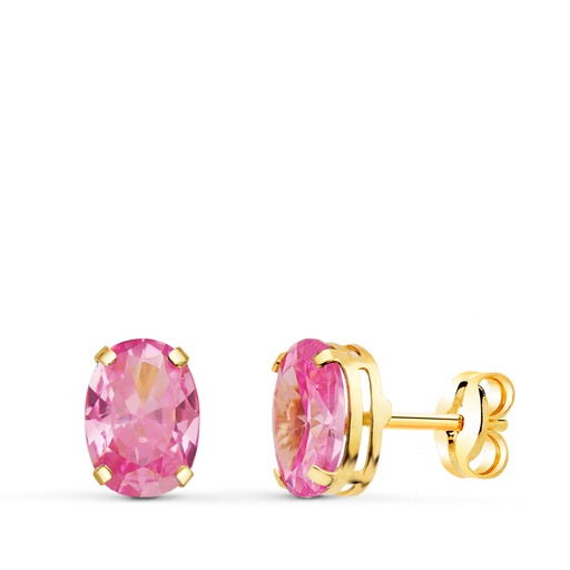 [P21289-RS] 18K PENDIENTES ORO AMARILLO OVAL PIEDRA ROSA 7 X 5 MM. CIERRE PRESION