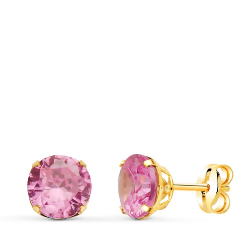 [P21290-RS] 18K PENDIENTES ORO AMARILLO REDONDOS PIEDRA ROSA 6 MM. CIERRE PRESION
