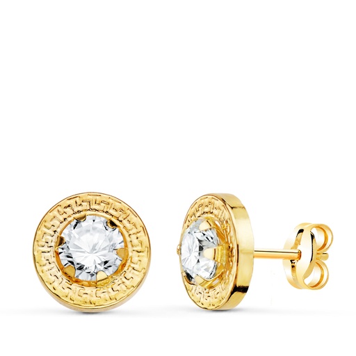 [P21294] 18K PENDIENTES ORO AMARILLO CERCO GRECA Y CIRCONITAS GARRAS 5MM. 9 MM