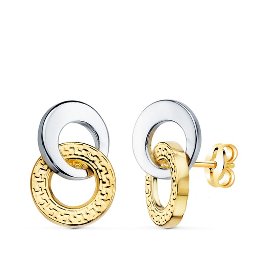 [P21296] 18K PENDIENTES ORO BICOLOR DOBLE ARO LISO Y GRECA 13 X 9 MM. CIERRE PRESION