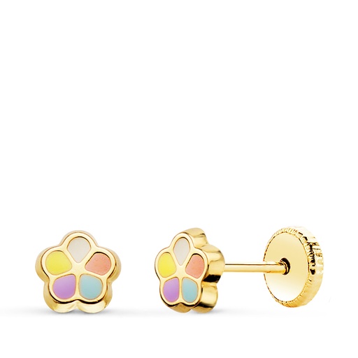 [P21300] 18K PENDIENTES ORO AMARILLO FLOR ESMALTE 5 X 5 MM CIERRE TUERCA