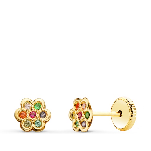 [P21302] 18K PENDIENTES ORO AMARILLO FLOR CON CIRCONITAS COLORES 5X5 MM CIERRE TUERCA