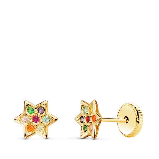 [P21303] 18K PENDIENTES ORO AMARILLO ESTRELLA CON CIRCONITAS COLORES 6X6 MM CIERRE TUERCA