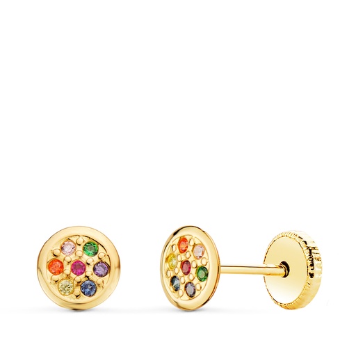 [P21304] 18K PENDIENTES ORO AMARILLO REDONDOS CON CIRCONITAS COLORES 5.5 MM CIERRE TUERCA