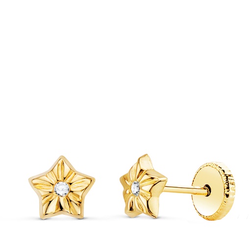 [P21305] 18K PENDIENTES ORO AMARILLO ESTRELLAS CON CIRCONITAS 5 X 5 MM CIERRE TUERCA