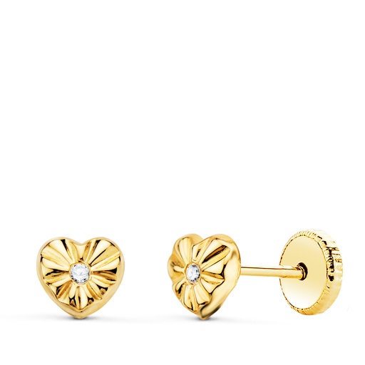 [P21307] 18K PENDIENTES ORO AMARILLO CORAZON CON CIRCONITAS 5 X 5 MM CIERRE TUERCA