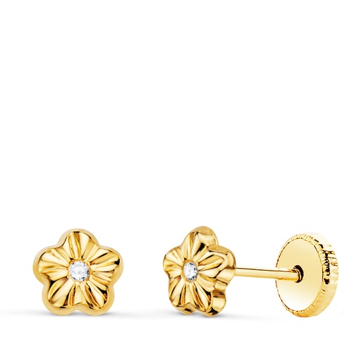[P21308] 18K PENDIENTES ORO AMARILLO FLOR CON CIRCONITAS 5 X 5 MM CIERRE TUERCA