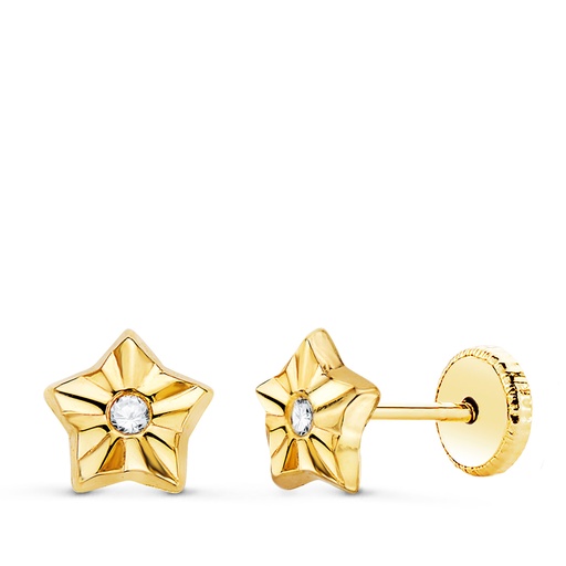 [P21309] 18K PENDIENTES ORO AMARILLO ESTRELLA CON CIRCONITAS 6.5 X 6.5 MM CIERRE TUERCA