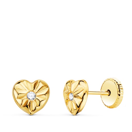 [P21310] 18K PENDIENTES ORO AMARILLO CORAZON CON CIRCONITAS 6.5 X 6 MM CIERRE TUERCA