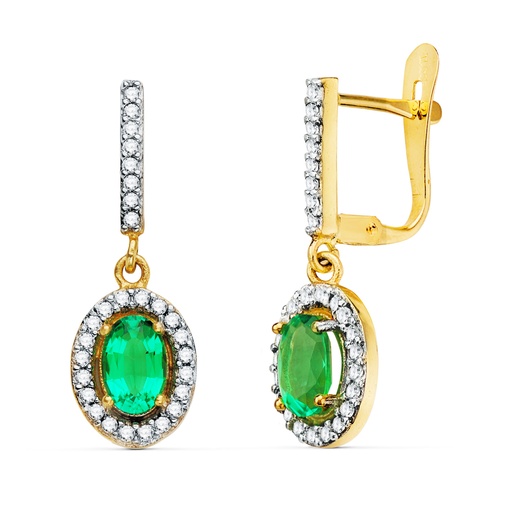 [P21317-ES] 18K PENDIENTES ORO BICOLOR DOS CUERPOS ESMERALDA 6 X 4 MM Y CIRCONITAS. 22 X 8MM