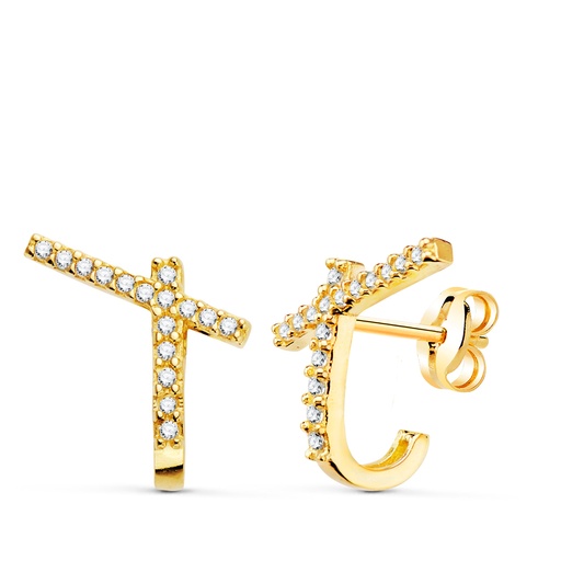 [P21318] 18K PENDIENTES ORO AMARILLO BANDAS CON CIRCONITAS 14 X 12MM PRESION