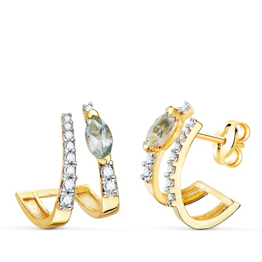 [P21319-AM] 18K PENDIENTES ORO AMARILLO BANDAS CON CIRCONITAS Y TOPACIO AZUL 15 X 11MM PRESION