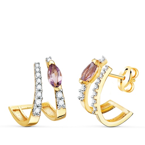 [P21319-AT] 18K PENDIENTES ORO BICOLOR MARQUIS AMATISTA NATURAL 6X3 MM Y CIRCONITAS TOTAL 16X13 MM CIERRE PRESION